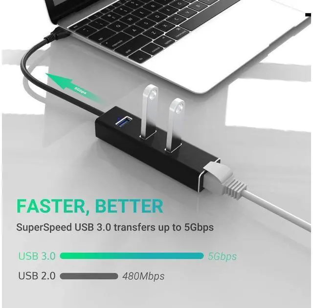 Alt view image 6 of 7 - USB to Ethernet Adapter, USB A to 3 Ports USB 3.0 Hub with 10/100/1000 Mbps LAN RJ45 Gigabit Network Adapter, Supports Windows 10/8/7, Mac OS, Linux eokCXOY