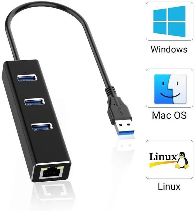 Alt view image 7 of 7 - USB to Ethernet Adapter, USB A to 3 Ports USB 3.0 Hub with 10/100/1000 Mbps LAN RJ45 Gigabit Network Adapter, Supports Windows 10/8/7, Mac OS, Linux eokCXOY