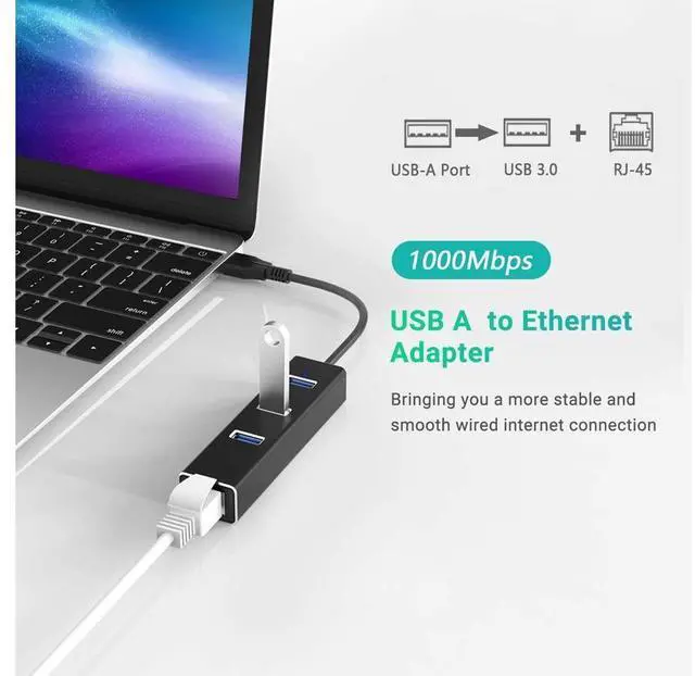 Alt view image 5 of 7 - USB to Ethernet Adapter, USB A to 3 Ports USB 3.0 Hub with 10/100/1000 Mbps LAN RJ45 Gigabit Network Adapter, Supports Windows 10/8/7, Mac OS, Linux eokCXOY