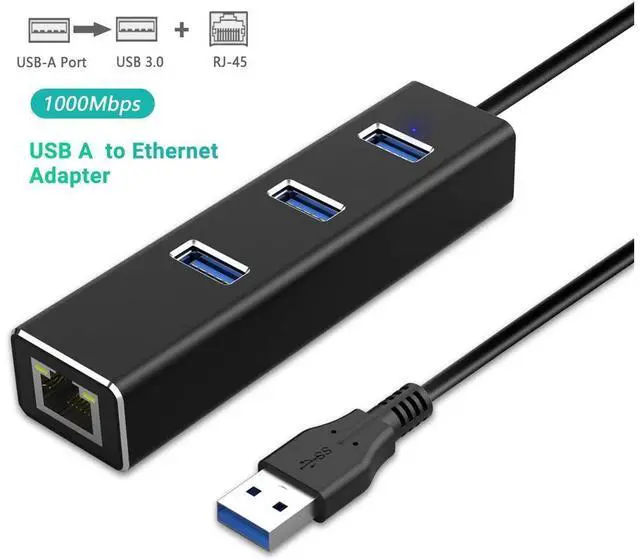 Main image of USB to Ethernet Adapter, USB A to 3 Ports USB 3.0 Hub with 10/100/1000 Mbps LAN RJ45 Gigabit Network Adapter, Supports Windows 10/8/7, Mac OS, Linux eokCXOY
