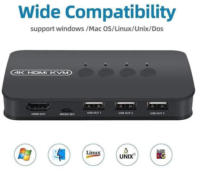 Alt view image 7 of 7 - 4 Port HDMI KVM Switch 4K, with 3x USB 2.0 Ports, 3 USB HDMI KVM Switcher for 4 Computers Supports 4K/2K@30Hz KVM USB switch, with 4 HDMI KVM cables and 1 desktop controller eokCXOY