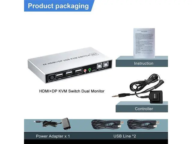 Alt view image 7 of 7 - Dual Monitor DisplayPort HDMI KVM Switch 4K @60Hz, 2-Port Extended Display 2 in 2 Out Displayport and HDMI KVM Switch 2 Computers2 Monitors , with 3xUSB, Audio Port, Included 2xUSB Cables, Controller