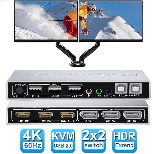 Main image of Dual Monitor DisplayPort HDMI KVM Switch 4K @60Hz, 2-Port Extended Display 2 in 2 Out Displayport and HDMI KVM Switch 2 Computers2 Monitors , with 3xUSB, Audio Port, Included 2xUSB Cables, Controller