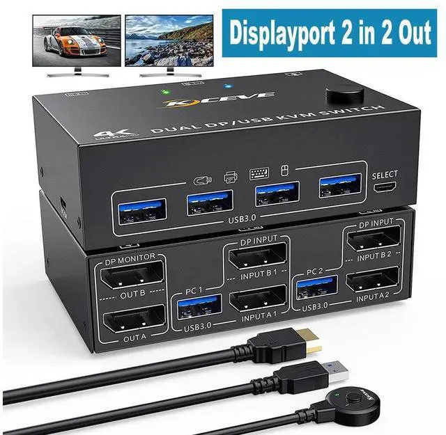 Main image of 2 Port Dual Monitor DisplayPort KVM Switch 8K @30Hz 4K @60Hz, 2 in 2 Out Displayport KVM Switch for 2 PC 2 Monitors, KVM Switches with 4 USB 3.0 Ports, with DP + USB Cable and Desktop Controller
