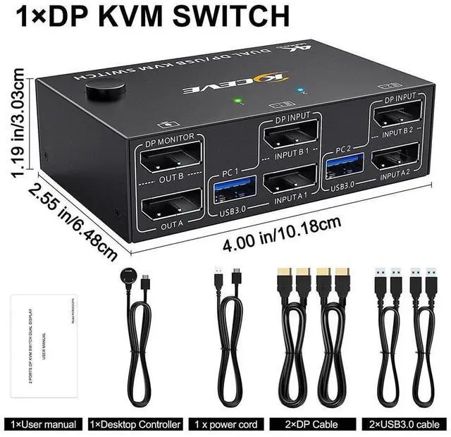 Alt view image 7 of 7 - 2 Port Dual Monitor DisplayPort KVM Switch 8K @30Hz 4K @60Hz, 2 in 2 Out Displayport KVM Switch for 2 PC 2 Monitors, KVM Switches with 4 USB 3.0 Ports, with DP + USB Cable and Desktop Controller