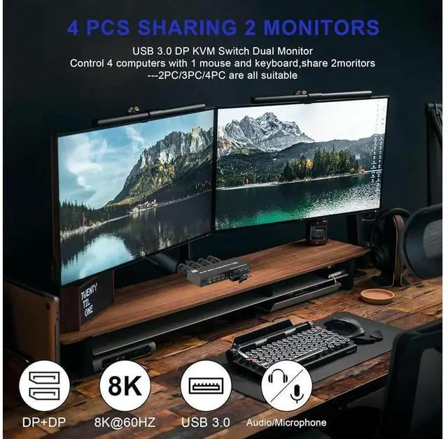 Alt view image 6 of 7 - 8K@60Hz Displayport USB 3.0 KVM Switch 2 Monitors 4 Computers, DP1.4 KVM Switch Dual Monitor with Audio Microphone Output and 3 USB 3.0 Ports, 4 Port Displayport KVM Switch for 4 PCs 2 Monitors