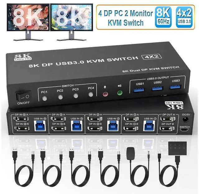 Main image of 8K@60Hz Displayport USB 3.0 KVM Switch 2 Monitors 4 Computers, DP1.4 KVM Switch Dual Monitor with Audio Microphone Output and 3 USB 3.0 Ports, 4 Port Displayport KVM Switch for 4 PCs 2 Monitors