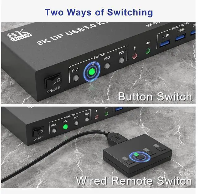 Alt view image 7 of 7 - 8K@60Hz Displayport USB 3.0 KVM Switch 2 Monitors 4 Computers, DP1.4 KVM Switch Dual Monitor with Audio Microphone Output and 3 USB 3.0 Ports, 4 Port Displayport KVM Switch for 4 PCs 2 Monitors