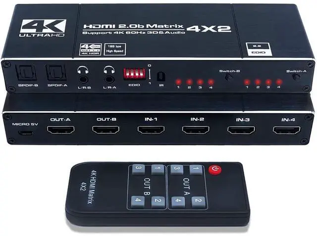 Main image of HDMI Matrix Switch 4x2, 4K HDMI Matrix Switcher Splitter 4 in 2 Out Box with EDID Extractor and IR Remote Control Support 4K HDR, HDMI 2.0b, HDCP 2.2, 4K @60Hz, 3D, 1080P eokCXOY