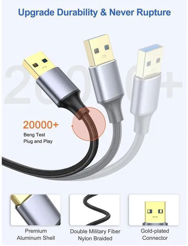 Alt view image 3 of 7 - [2 PACK] USB A to USB A Cable 3.3FT, USB 3.0 Male to Male Cable, Braided Nylon High-Speed Transfer USB 3.0 Cable, Double Sided USB Cord for Hard Drive Enclosures, Cameras, DVD Player, Laptop More