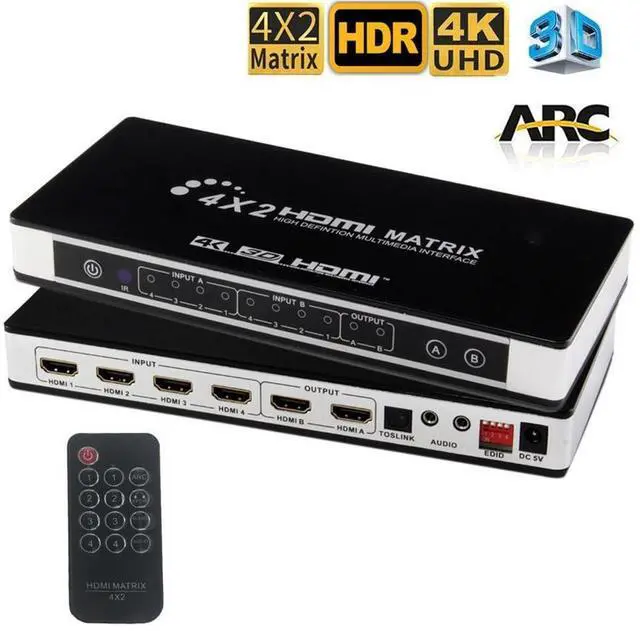 Main image of HDMI Matrix ARC Switch 4x2 4K@60Hz HDMI 2.0 YUV444, SPDIF and L/R Audio Output, Audio Return Channel, HDMI Down Scaler 4K 1080P Sync, IR Remote, HDR10+,HDCP2.2, 18Gbps, 4 IN 2 OUT HDMI MATRIX Splitter