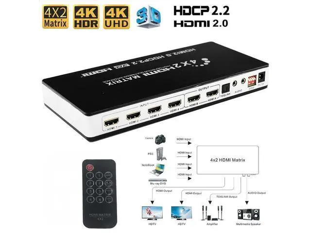 Alt view image 3 of 7 - HDMI Matrix ARC Switch 4x2 4K@60Hz HDMI 2.0 YUV444, SPDIF and L/R Audio Output, Audio Return Channel, HDMI Down Scaler 4K 1080P Sync, IR Remote, HDR10+,HDCP2.2, 18Gbps, 4 IN 2 OUT HDMI MATRIX Splitter