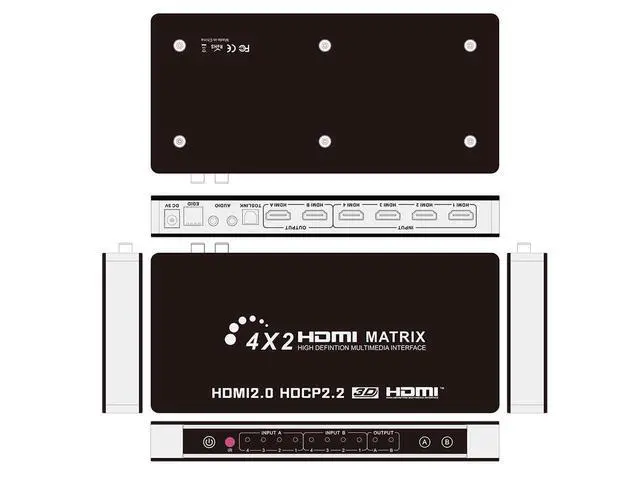 Alt view image 4 of 7 - HDMI Matrix ARC Switch 4x2 4K@60Hz HDMI 2.0 YUV444, SPDIF and L/R Audio Output, Audio Return Channel, HDMI Down Scaler 4K 1080P Sync, IR Remote, HDR10+,HDCP2.2, 18Gbps, 4 IN 2 OUT HDMI MATRIX Splitter