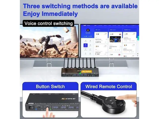 Alt view image 3 of 7 - Voice Controlled Displayport KVM Switch 2 Monitors 2 Computers 8K@30Hz 4K@144Hz, Dual Monitor Displayport KVM Switch with Audio and 4 USB 3.0 Port for Earphone Keyboard Mouse, Support KVM and USB Mode