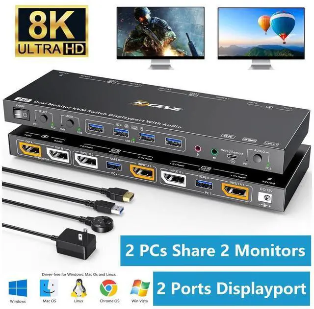 Main image of Voice Controlled Displayport KVM Switch 2 Monitors 2 Computers 8K@30Hz 4K@144Hz, Dual Monitor Displayport KVM Switch with Audio and 4 USB 3.0 Port for Earphone Keyboard Mouse, Support KVM and USB Mode