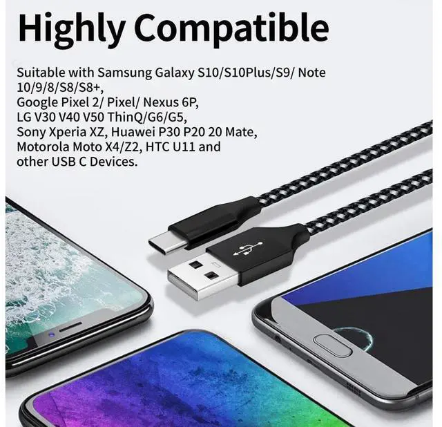 Alt view image 7 of 7 - 5Pack (3/3/6/6/10FT) Fast Charging 3A USB-C to USB-A Nylon Braid Cable Rapid Charger Quick Cord USB C Cable Compatible Samsung Galaxy S10 S9 S8 Plus, Note 10 9 8, LG V50 V40 G8 G7 eokCXOY