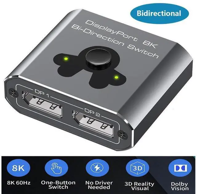 Main image of 2 Port DisplayPort Switch Bidirectional, 8K Bi-Direction Display Port Switch 2 in 1 Out / 1 in 2 Out Manual Switch DP Switcher Selector Box Support 8K@60Hz 4K@120Hz for PC/Laptop/Game Console eokCXOY