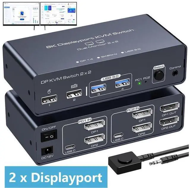 Main image of 2 Port Dual Monitor DisplayPort KVM Switch 2 in 2 Out, 8K60Hz 4K120Hz Aluminium Displayport Switch KVM Switch 2 Monitors 2 Computers Shared 4 USB Device Support DP1.4 With With Desktop Controller