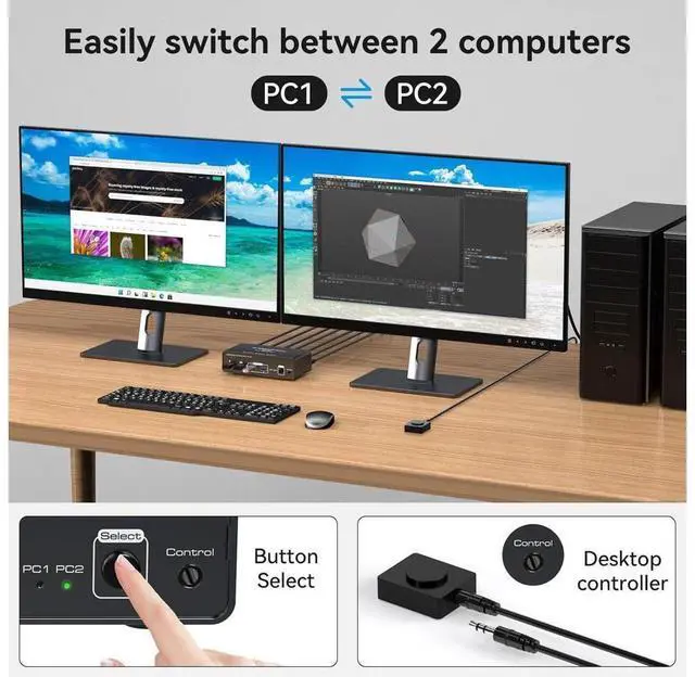 Alt view image 6 of 7 - 2 Port Dual Monitor DisplayPort KVM Switch 2 in 2 Out, 8K60Hz 4K120Hz Aluminium Displayport Switch KVM Switch 2 Monitors 2 Computers Shared 4 USB Device Support DP1.4 With With Desktop Controller