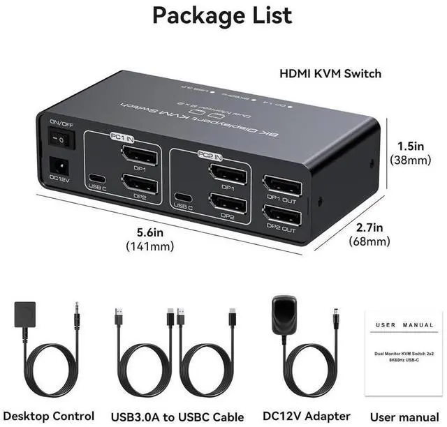 Alt view image 7 of 7 - 2 Port Dual Monitor DisplayPort KVM Switch 2 in 2 Out, 8K60Hz 4K120Hz Aluminium Displayport Switch KVM Switch 2 Monitors 2 Computers Shared 4 USB Device Support DP1.4 With With Desktop Controller