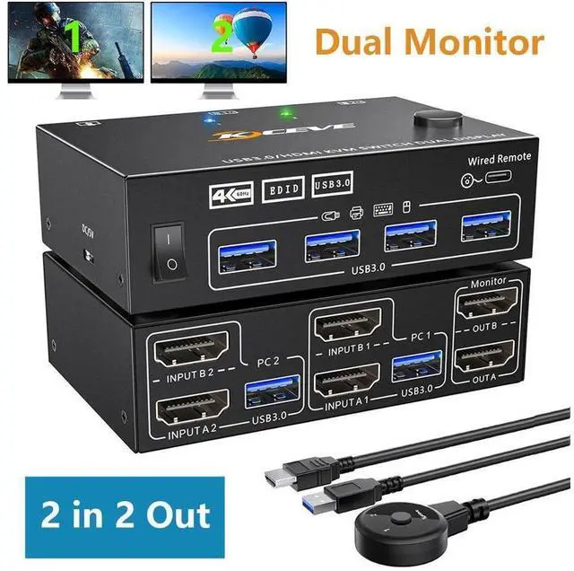 Main image of USB 3.0 HDMI KVM Switch for 2 Computers 2 Monitors 4K@60Hz, EDID Emulator, Dual Monitor HDMI KVM Switch 2 in 2 Out for 2 Computers Share 2 Displays and 4 USB 3.0 Ports,Wired Remote and Cables Included