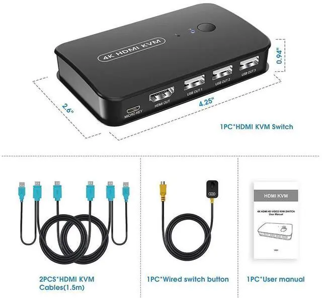 Alt view image 4 of 7 - KVM Switch HDMI 2 Port Box, USB and HDMI Switch for 2 Computers Share Keyboard Mouse Printer and one HD Monitor, 4K @30HZ, with Wired Controller & KVM Cables eokCXOY