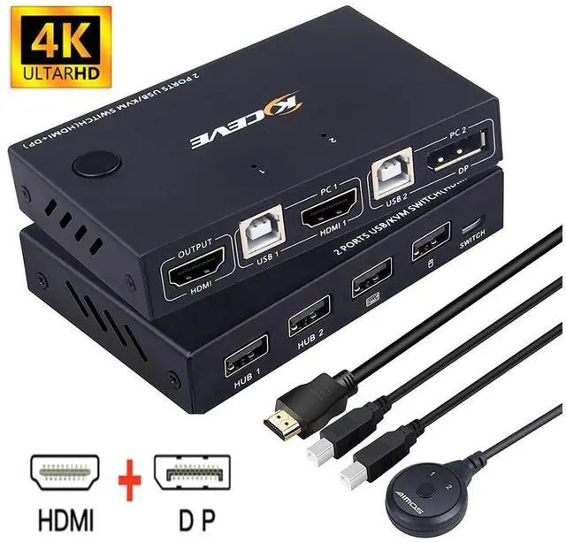 Main image of 2 Port HDMI +DisplayPort KVM Switch for 2 Computers, DP HDMI USB KVM Switch for 2 Computers Share One Set Keyboard Mouse Printer and One Monitor, DP Support for 1920*1200 @30Hz HDMI Support 4K @30Hz