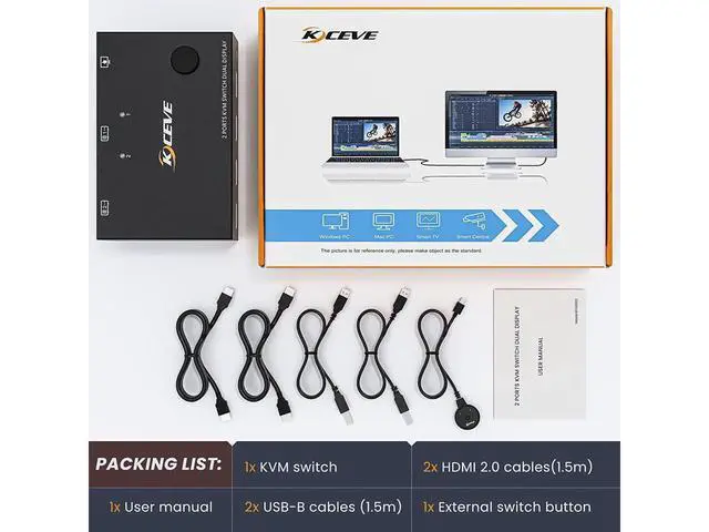 Alt view image 7 of 7 - 2 Port Dual Monitor HDMI KVM Switch 4K @30Hz, HDMI USB KVM Switch for 2 PCs 2 monitors with 4 USB 2.0 Hub, KVM switch with 2 HDMI and 2 USB cables, Button Switch, Compatible with Windows/Linux/Mac OS