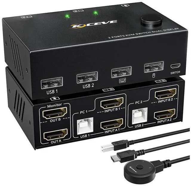 Main image of 2 Port Dual Monitor HDMI KVM Switch 4K @30Hz, HDMI USB KVM Switch for 2 PCs 2 monitors with 4 USB 2.0 Hub, KVM switch with 2 HDMI and 2 USB cables, Button Switch, Compatible with Windows/Linux/Mac OS
