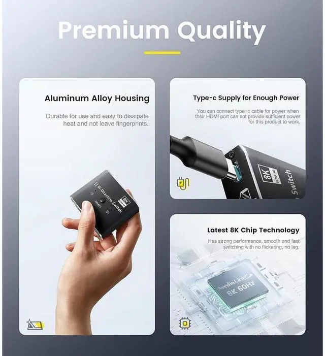 Alt view image 7 of 7 - HDMI 2.1 Switch, 8K HDMI Switcher Bi-Directional Splitter 2 in 1 Out/1 in 2 Out, Supports 4K@120Hz,8K@60Hz, 48Gbps Aluminum Ultra HD HDMI Hub Compatible with PS5/4,Xbox,TV,Fire Stick eokCXOY