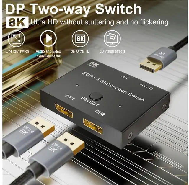 Alt view image 2 of 7 - DisplayPort Switch 8K DP Switcher, DP 1.4 Switch Bi-Directional 2in 1Out/1in 2Out Support 8K@30Hz 4K@120Hz, 32 Gbps for 2 Computers 1 Monitor eokCXOY