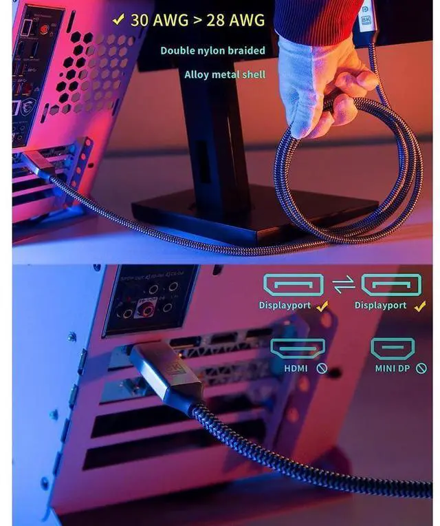 Alt view image 4 of 7 - DisplayPort Cable 1.4, 8K 3.3FT DP Cable 32.4Gbps 8K@60Hz HBR3 4K@60Hz/144Hz/120Hz 5K@60Hz 1080P@240Hz Support FreeSync G-Sync HDR10 for Gaming Monitor Graphics Card - Silver eokCXOY