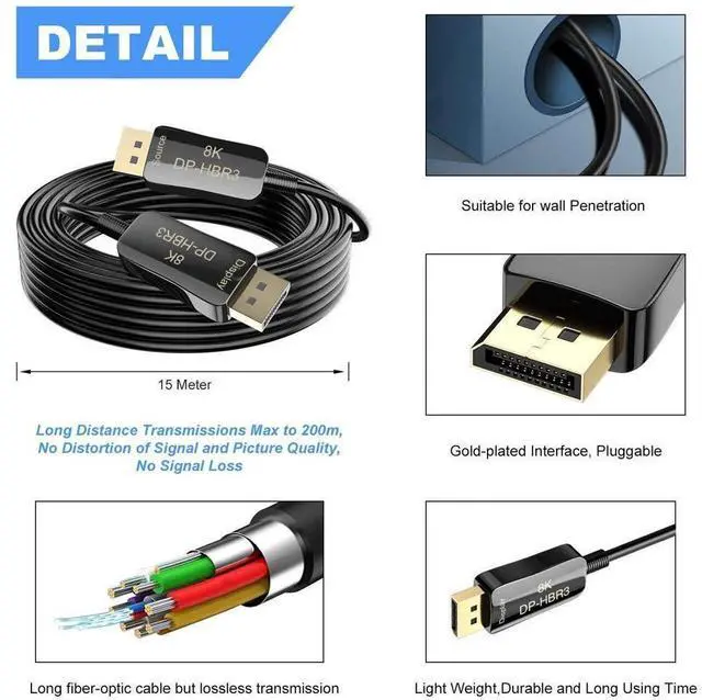 Alt view image 2 of 7 - DisplayPort Cable, 8K DP Cable -(4K@144Hz, 8K@60Hz, 2K@165Hz) Gold-Plated DP to DP Cable Ultra High Speed Display Port Cable for Laptop PC TV etc- Gaming Monitor Cable - 10m 33ft
