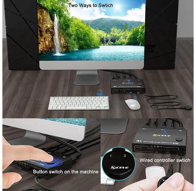 Alt view image 4 of 7 - 2-Port DisplayPort KVM Switch, 2 Port DP1.2 KVM Switch Two Computers One Monitor to Share Mouse,Keyboard,Printer,Scanner Support 4K @60Hz, 2 USB Cables and Wired Controller Included eokCXOY