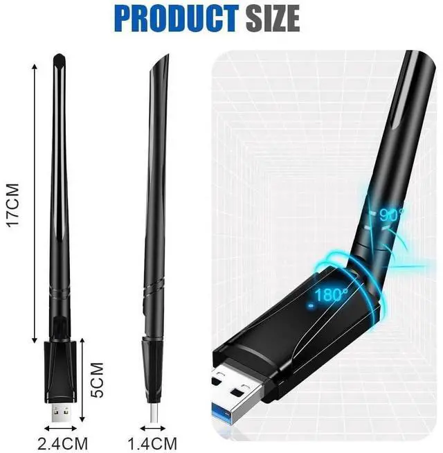 Alt view image 2 of 7 - AC1300 High Gain USB 3.0 Wi-Fi Dongle, 1300Mbps USB WiFi Dongle for Desktop PC, Dual Band 2.4/5GHz WiFi Adapter with 5dBi Antenna, Wireless Adapter Compatible with Windows 11/10/8.1/8/7/XP, Mac OS