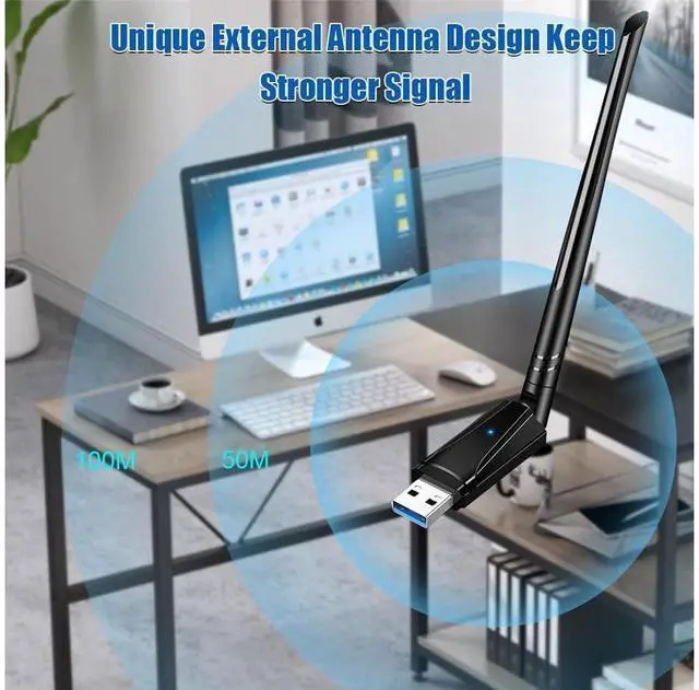 Alt view image 4 of 7 - AC1300 High Gain USB 3.0 Wi-Fi Dongle, 1300Mbps USB WiFi Dongle for Desktop PC, Dual Band 2.4/5GHz WiFi Adapter with 5dBi Antenna, Wireless Adapter Compatible with Windows 11/10/8.1/8/7/XP, Mac OS