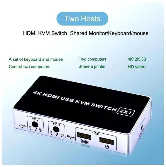 Alt view image 5 of 7 - 4K HDMI KVM Switch 2 In 1 Out Two Computers 2 Ports Hosts Share Mouse Keyboard Monitor Printer 2 PC Sharing USB Device,USB KVM Switcher Fast Switching,Plug and Play eokCXOY