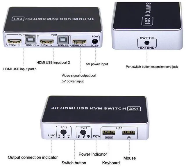 Alt view image 2 of 7 - 4K HDMI KVM Switch 2 In 1 Out Two Computers 2 Ports Hosts Share Mouse Keyboard Monitor Printer 2 PC Sharing USB Device,USB KVM Switcher Fast Switching,Plug and Play eokCXOY