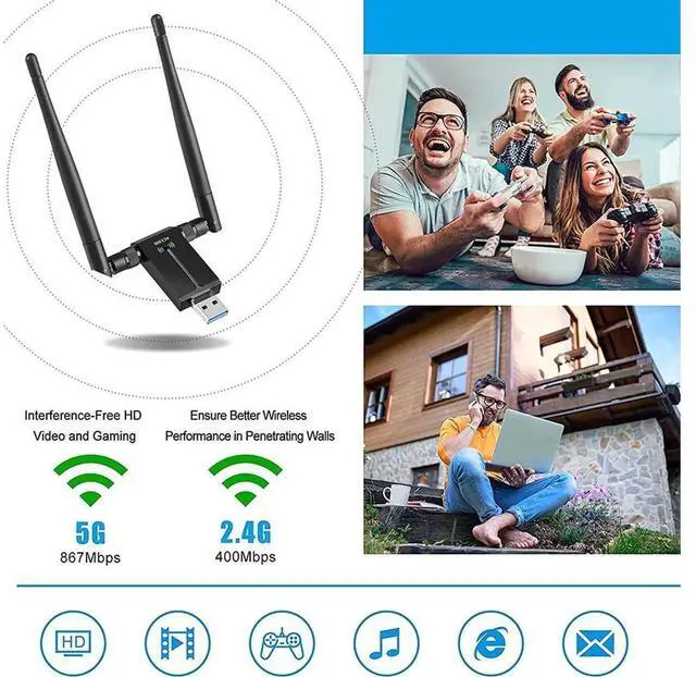 Alt view image 4 of 7 - USB 3.0 WiFi Adapter,1300Mbps Dual Band 2.4/5GHz Wireless Network External Receiver, Mini WiFi Dongle Wireless Adapter for WIN7 8 10 11 XP MAC Linux, USB 3.0 Computer Network Card WiFi Adapters