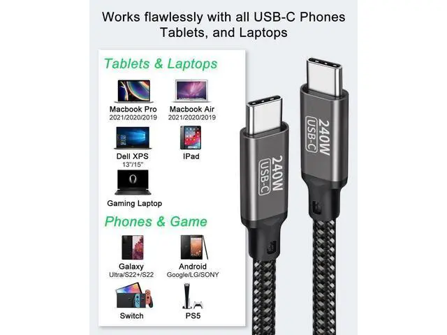 Alt view image 7 of 7 - Braided USB C Cable, USB C to USB C Cable 240W 6.6ft, USB Type C PD 3.1 Charger Fast Charging Cable for Laptop Smartphones Tablet Power Adapter etc. (2M, Black)