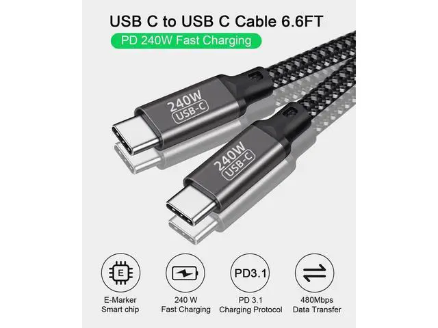 Alt view image 2 of 7 - Braided USB C Cable, USB C to USB C Cable 240W 6.6ft, USB Type C PD 3.1 Charger Fast Charging Cable for Laptop Smartphones Tablet Power Adapter etc. (2M, Black)