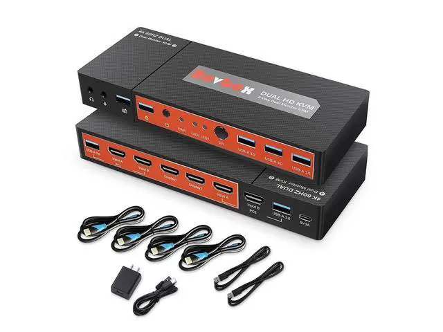 Alt view image 7 of 7 - Dual Monitor HDMI KVM Switch 2 Port Extended Display, 4K @60Hz 4:4:4 KVM Switch 2 Monitors 2 Computers with 3x USB 3.0 Hub, Audio, Hotkey & Button Switching with 4 HDMI 2 USB Cables & Power Adapter