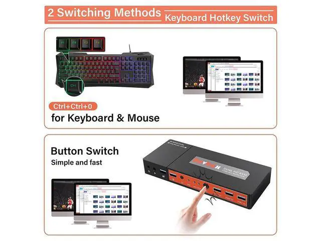 Alt view image 6 of 7 - Dual Monitor HDMI KVM Switch 2 Port Extended Display, 4K @60Hz 4:4:4 KVM Switch 2 Monitors 2 Computers with 3x USB 3.0 Hub, Audio, Hotkey & Button Switching with 4 HDMI 2 USB Cables & Power Adapter