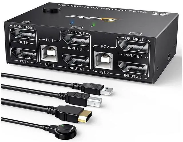 Main image of 2 Port DP KVM Switch Dual Monitor DisplayPort 1.4 8K @30Hz 4K @144Hz 2 in 2 Out, DP1.4 KVM Switch and 4 USB HUBs for 2 Computers, Backward Compatible DP1.2 with DP+USB Cables and Wired Controller
