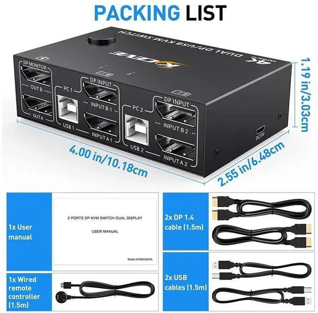 Alt view image 7 of 7 - 2 Port DP KVM Switch Dual Monitor DisplayPort 1.4 8K @30Hz 4K @144Hz 2 in 2 Out, DP1.4 KVM Switch and 4 USB HUBs for 2 Computers, Backward Compatible DP1.2 with DP+USB Cables and Wired Controller