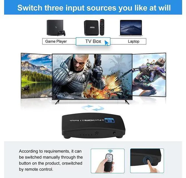 Alt view image 5 of 7 - 8K@60Hz HDMI 2.1 Switch, HDMI Switch 3 in 1 Out, 3-Port HDMI Switcher Selector, Supports 4K@120Hz, 1080P@240Hz, 1080P@120Hz for Fire Stick, HDTV, PS4/5, Game Consoles with Remote Control eokCXOY