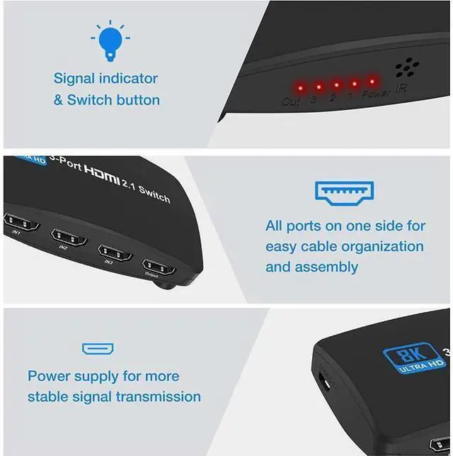 Alt view image 3 of 7 - 8K@60Hz HDMI 2.1 Switch, HDMI Switch 3 in 1 Out, 3-Port HDMI Switcher Selector, Supports 4K@120Hz, 1080P@240Hz, 1080P@120Hz for Fire Stick, HDTV, PS4/5, Game Consoles with Remote Control eokCXOY