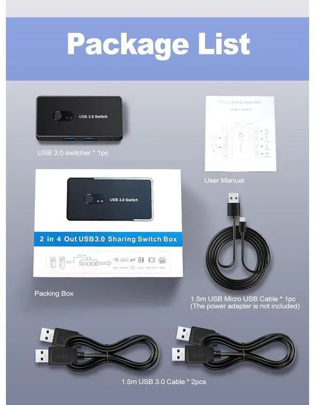 Alt view image 6 of 6 - USB 3.0 Switch 2 in 4 Out, USB Switcher Selector 2 Computers Sharing 4 USB 3.0 Ports, KM Switcher Box with 2 Pack USB Cable for PC, Printer, Scanner, Mouse, Keyboard, Compatible with Mac/Windows/Linux