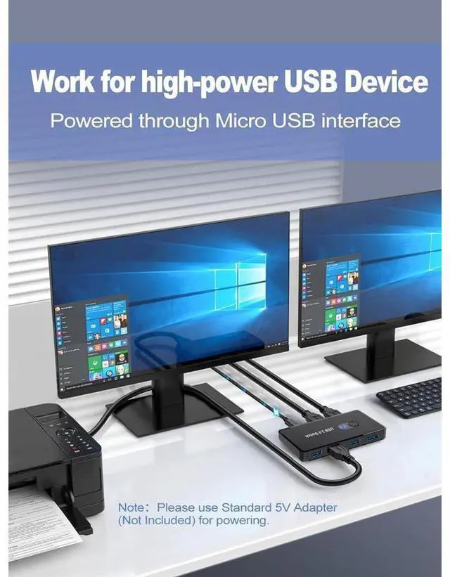 Alt view image 5 of 6 - USB 3.0 Switch 2 in 4 Out, USB Switcher Selector 2 Computers Sharing 4 USB 3.0 Ports, KM Switcher Box with 2 Pack USB Cable for PC, Printer, Scanner, Mouse, Keyboard, Compatible with Mac/Windows/Linux