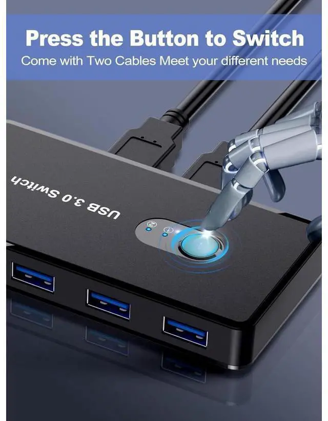 Alt view image 3 of 6 - USB 3.0 Switch 2 in 4 Out, USB Switcher Selector 2 Computers Sharing 4 USB 3.0 Ports, KM Switcher Box with 2 Pack USB Cable for PC, Printer, Scanner, Mouse, Keyboard, Compatible with Mac/Windows/Linux